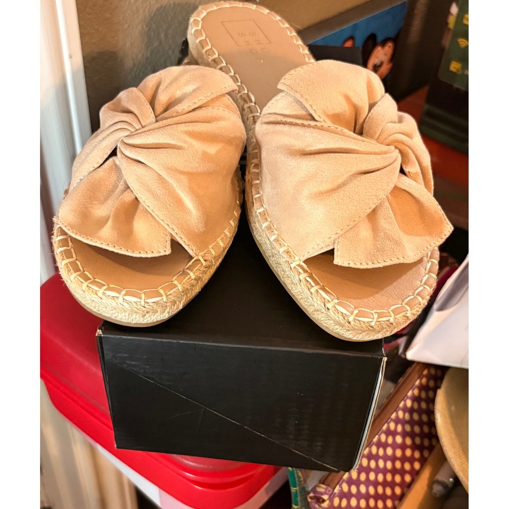 Shu Shop Espadrille Slide Sandals Womens Size 7 Beige Good Knotted Bow Flat Boho